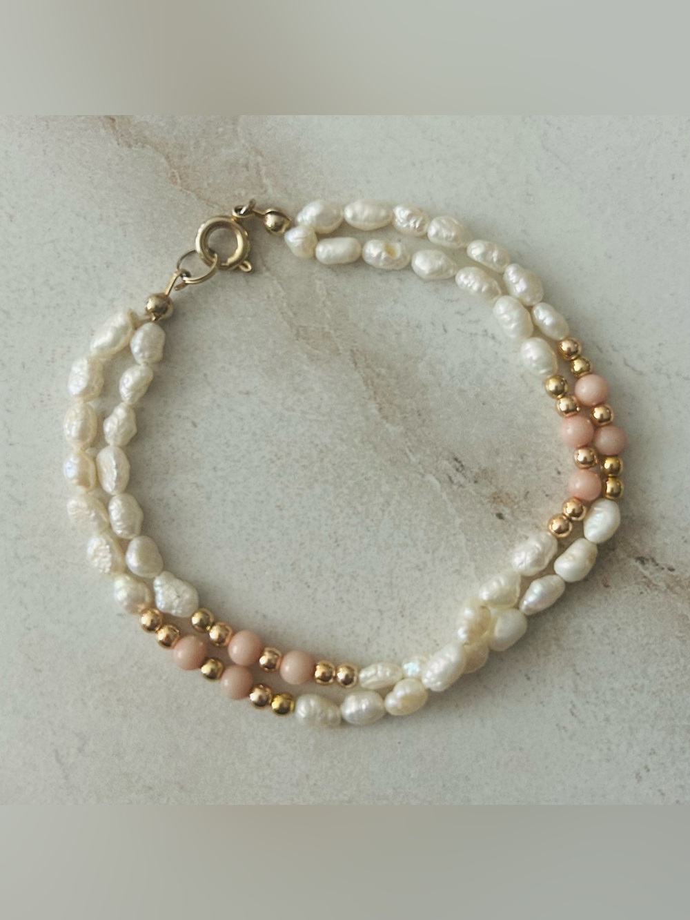 Faux Pearl & Pink Bead Double Strand Bracelet